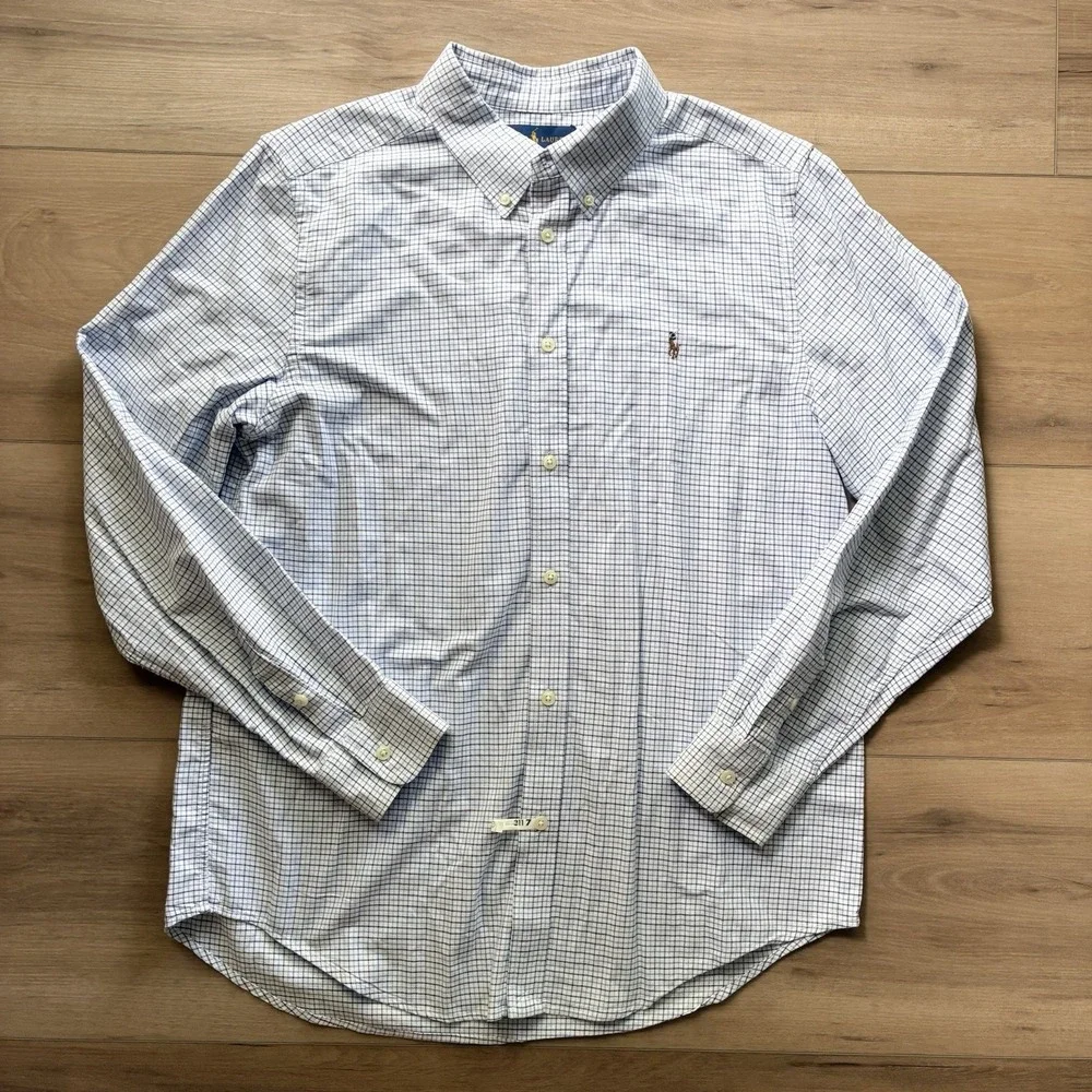 Ralph Lauren Tattersall Flesh Pony Button Shirt White Blue Boys XL 18 / 20